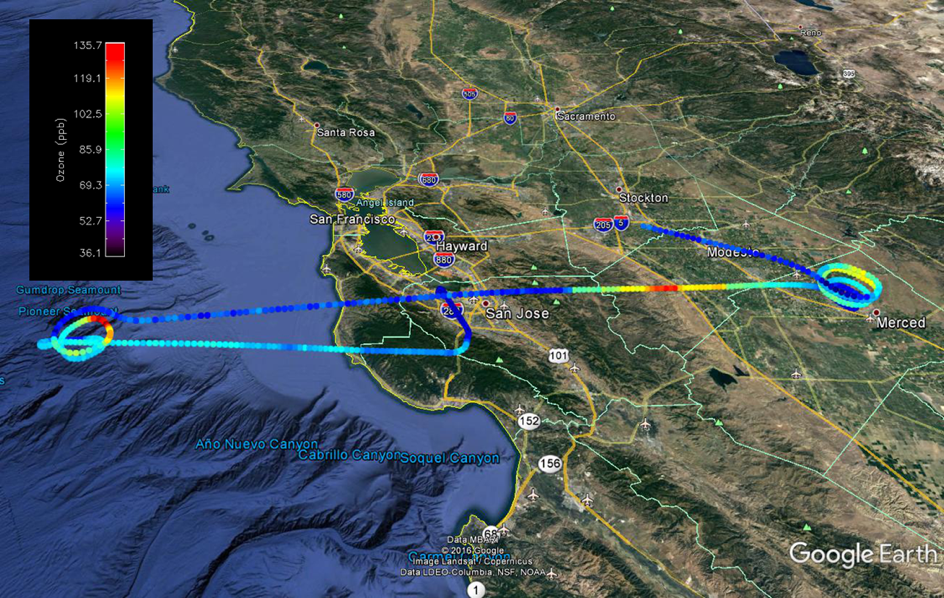 Google EarthTM plot of AJAX flight path colored by O3 on 5 June 2012.