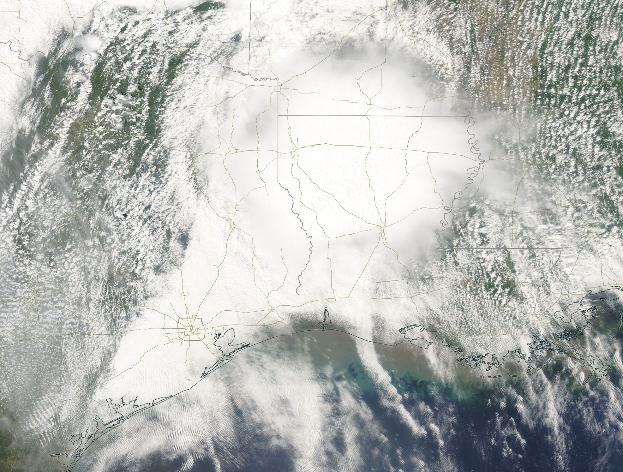 Aqua satellite view of storm system over Texas and Louisiana