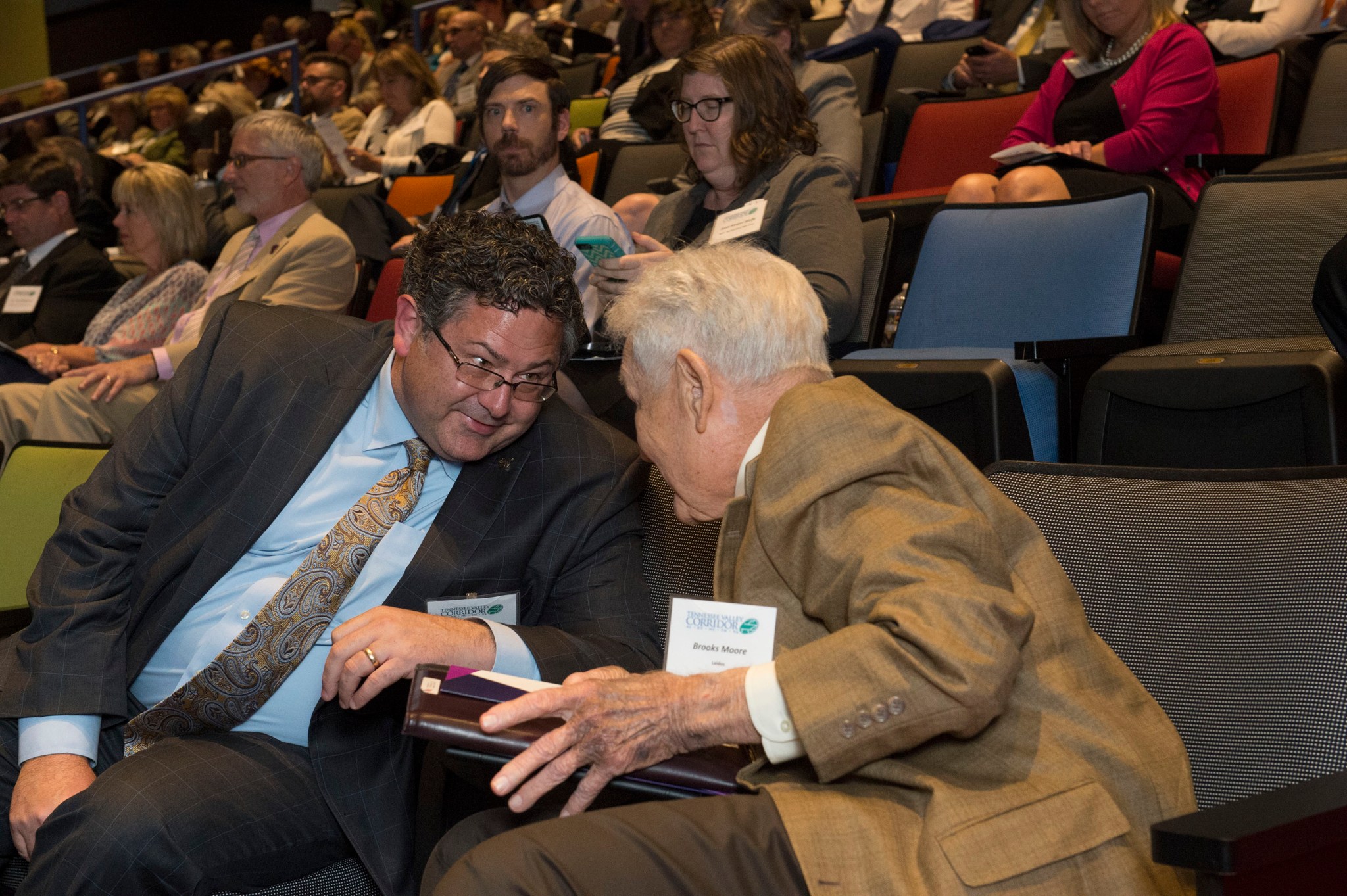 Todd May, left, director of NASA’s Marshall Space Flight Center, and retired Marshall engineer and lab director, Brooks Moore.