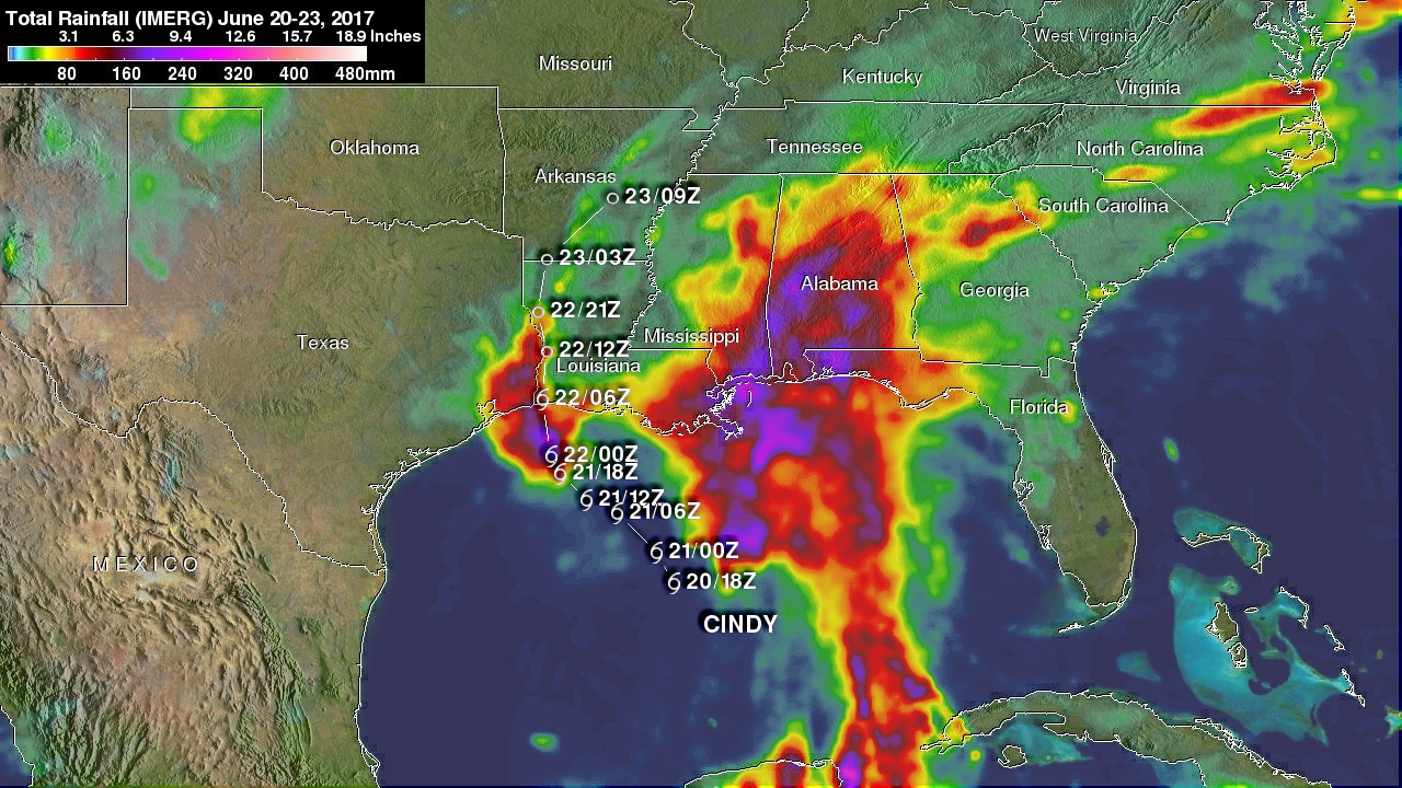 IMERG totals of rainfall from Cindy