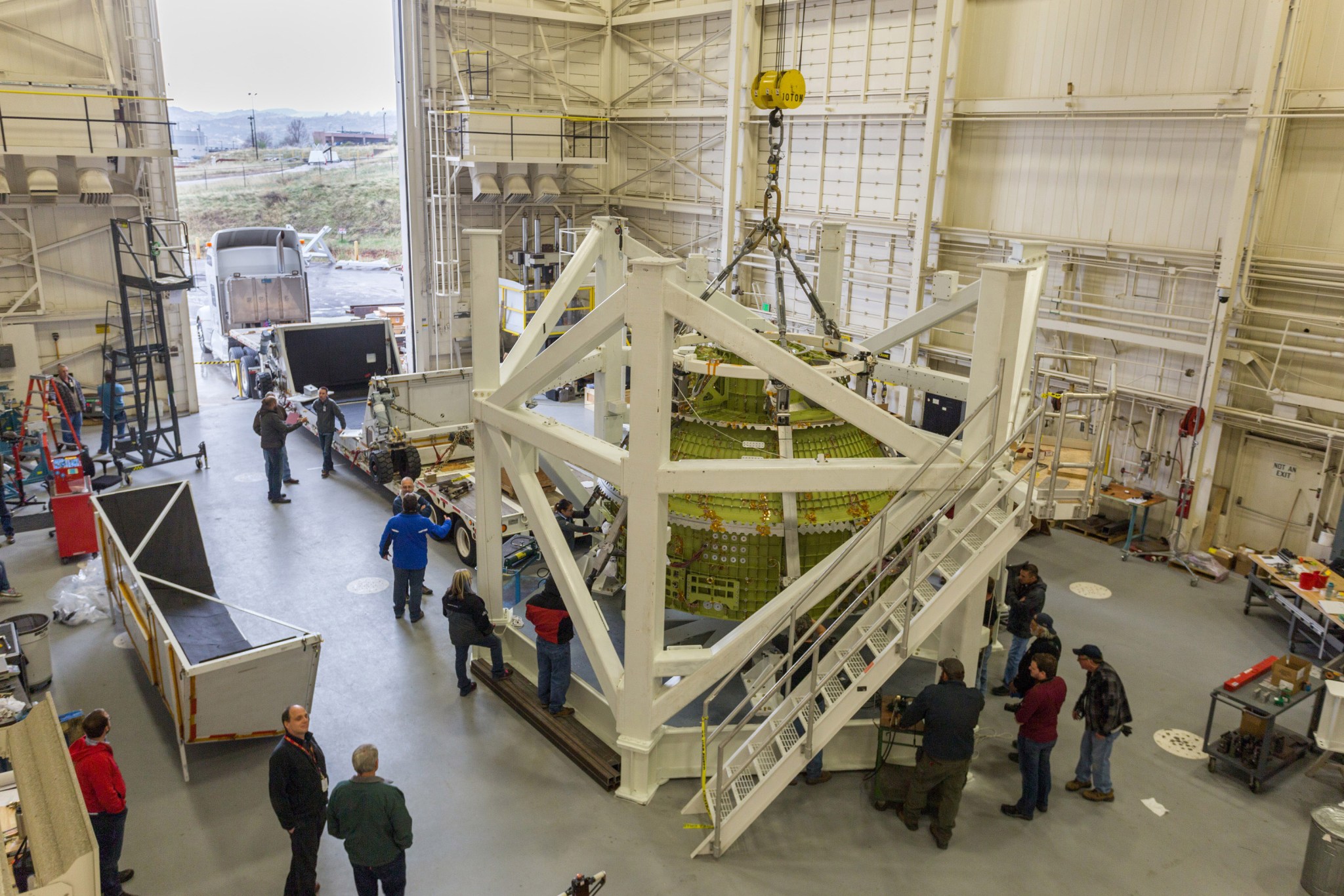 The Orion Exploration Mission-1 crew module structural test article was delivered to Lockheed Martin near Denver on April 27.