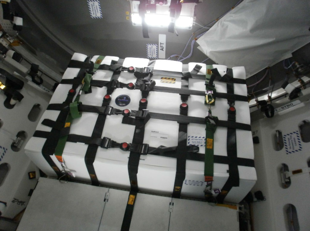 Picture of the Saffire-I hardware strapped into the Orbital ATK Cygnus Pressurized Cargo Module. 