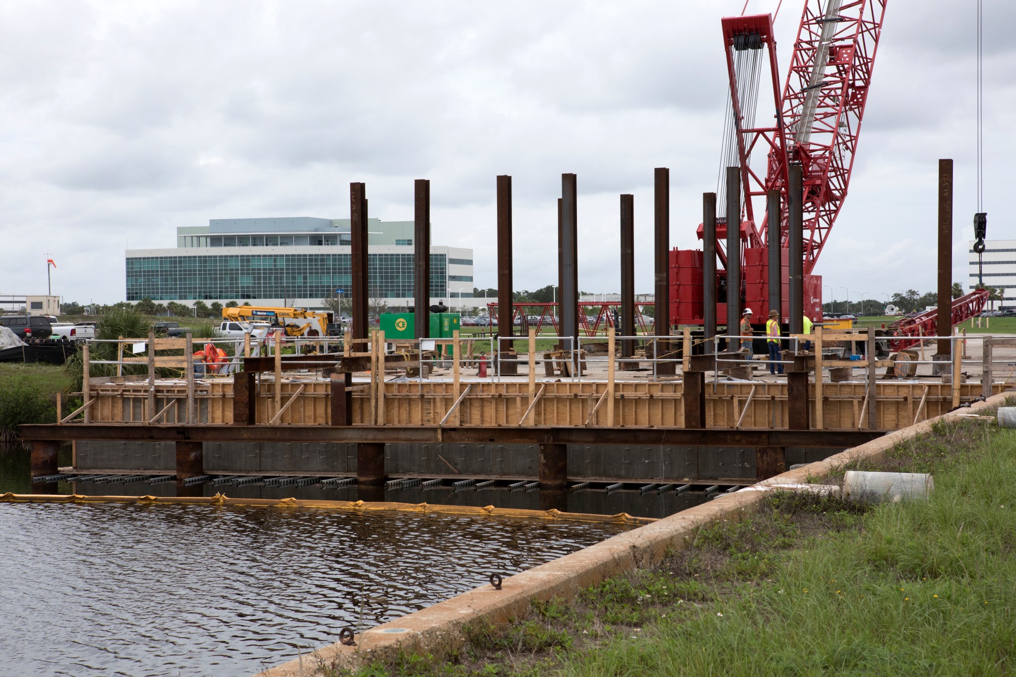 Modifications are underway at the Launch Complex 39 turn basin wharf at Kennedy Space Center in Florida.