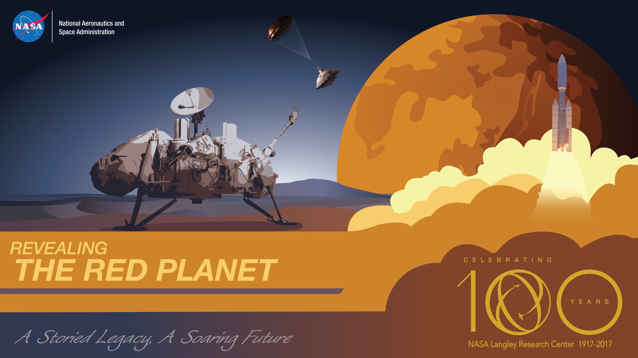 This is vector art of a lander on the Martian surface. There is text in the image that reads "Revealing The Red Planet," and "A Storied Legacy, A Soaring Future."