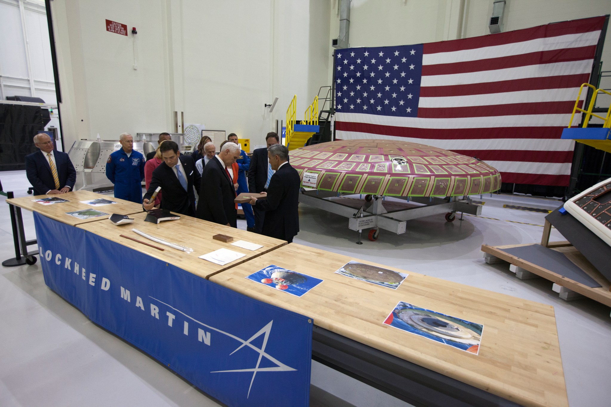 Vice President Mike Pence sees the Orion heat shield at Kennedy.