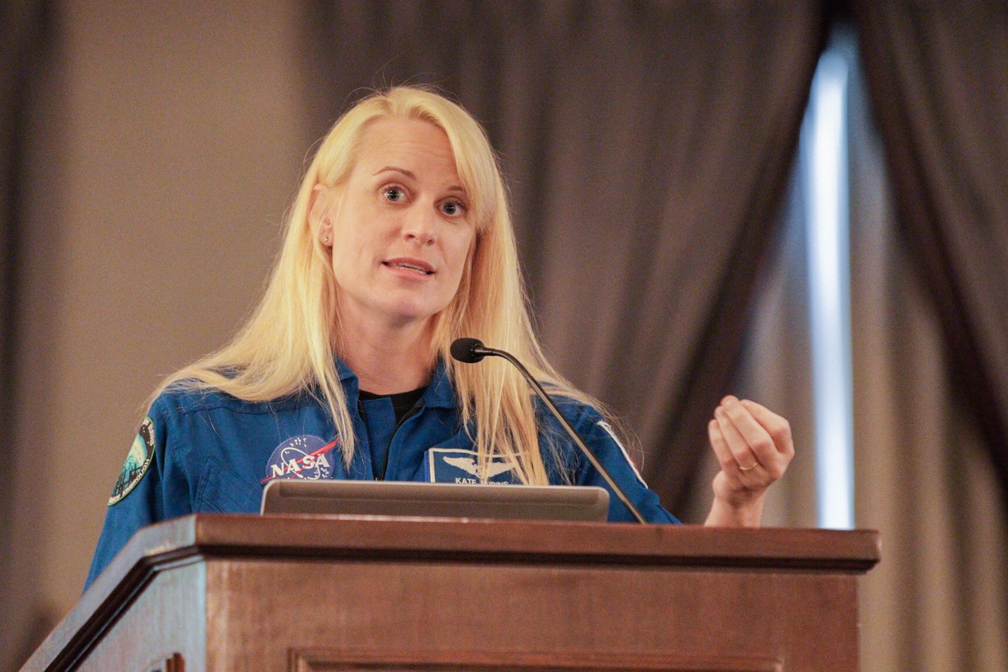 NASA astronaut Kate Rubins discusses her 2016 trip to the International Space Station at the ISS R&D Conference on July 17.