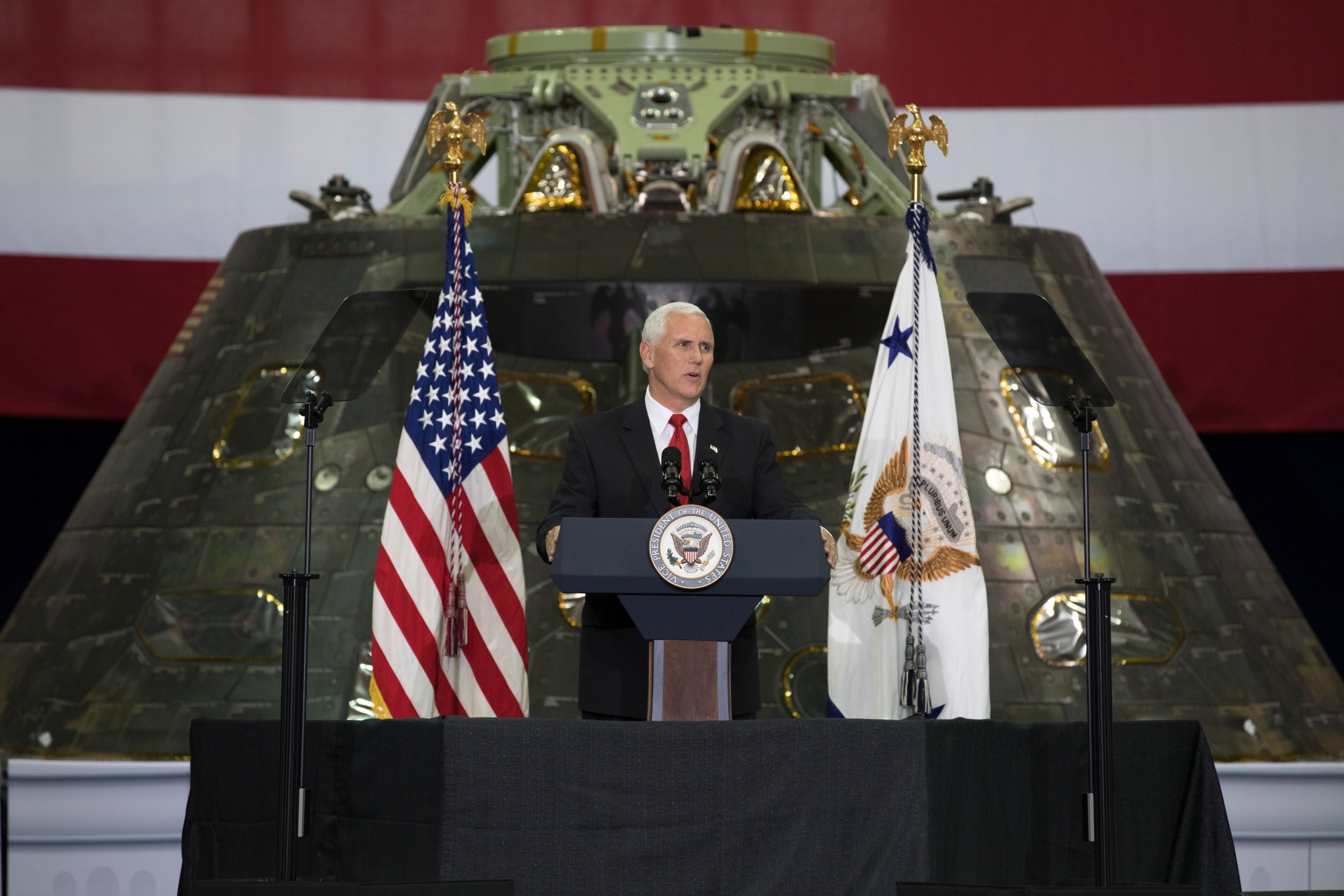 Vice President Mike Pence speaks before an audience of NASA leaders, U.S. and Florida government officials, and employees