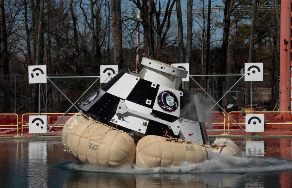 Water-drop tests of the Boeing CST-100 Starliner occurred at Langley’s Landing and Impact Research Facility, simulating the vari