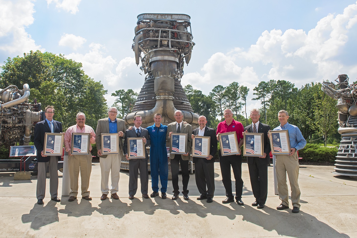 NASA astronaut Drew Morgan, center, with Silver Snoopy award recipients.