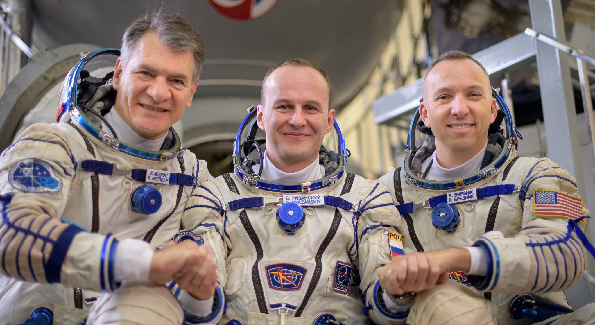 Expedition 52 flight engineers Paolo Nespoli of ESA, left, Sergey Ryazanskiy of Roscosmos, and Randy Bresnik of NASA 