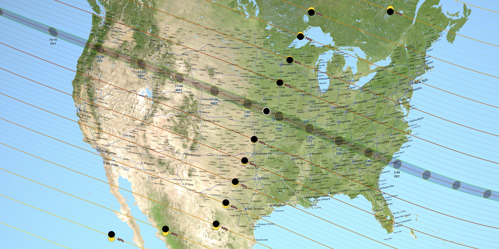 This map of the United States shows the path of the Moon's umbral shadow during the Aug. 21 solar eclipse