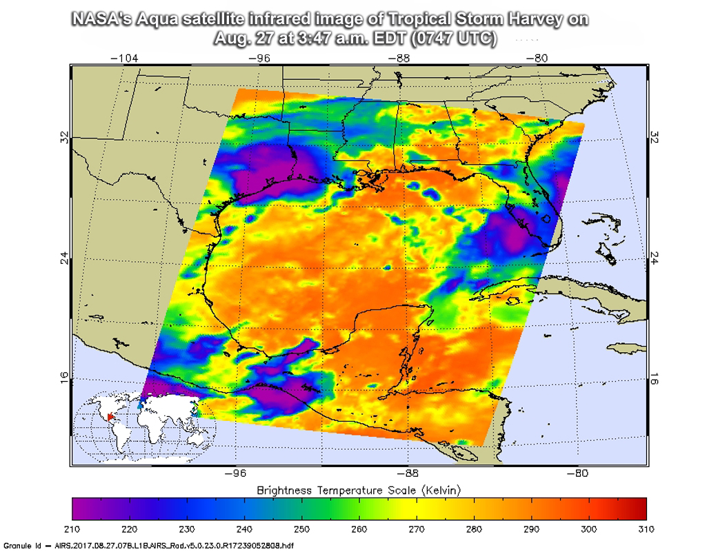 Satellite image of Harvey with cloud temperatures in purples, blues, and greens.