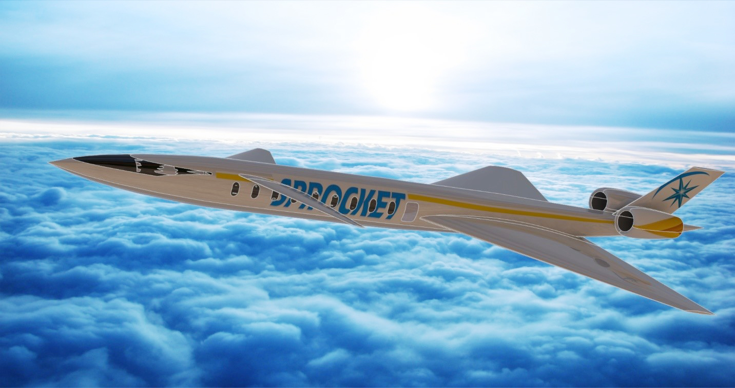 Artist illustration of the Sprocket aircraft in flight above clouds.