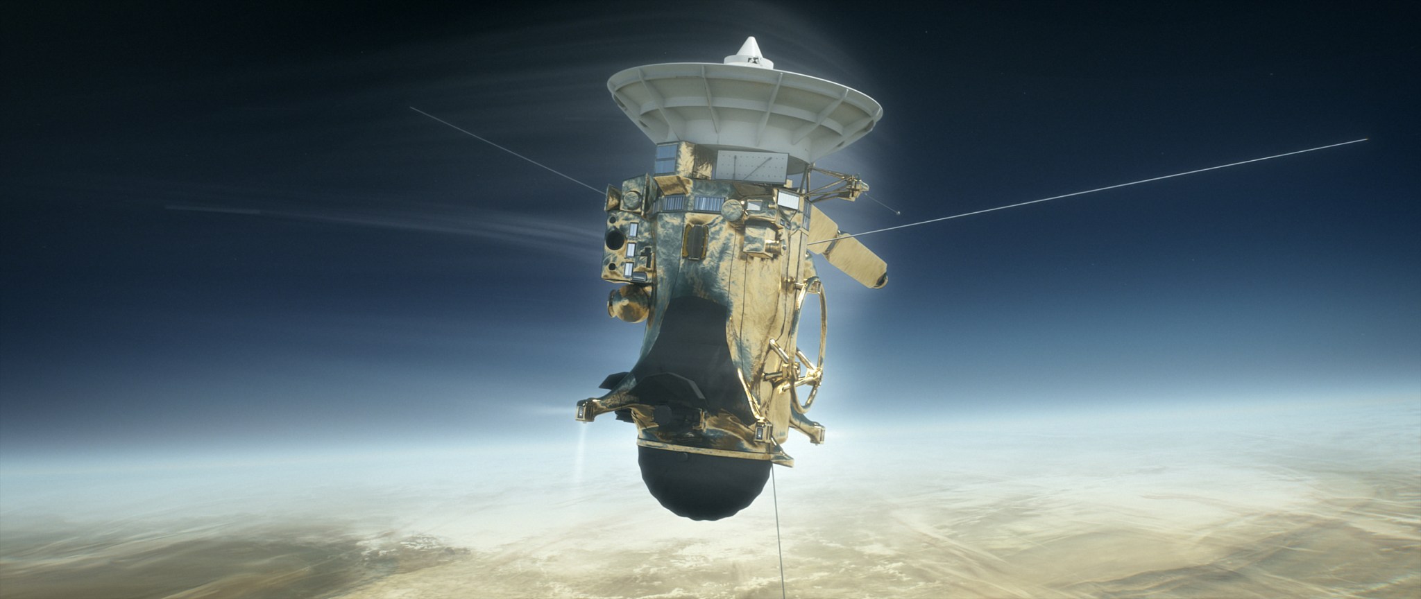 NASA's Cassini spacecraft is shown during its Sept. 15, 2017, plunge into Saturn's atmosphere in this artist's depiction. 