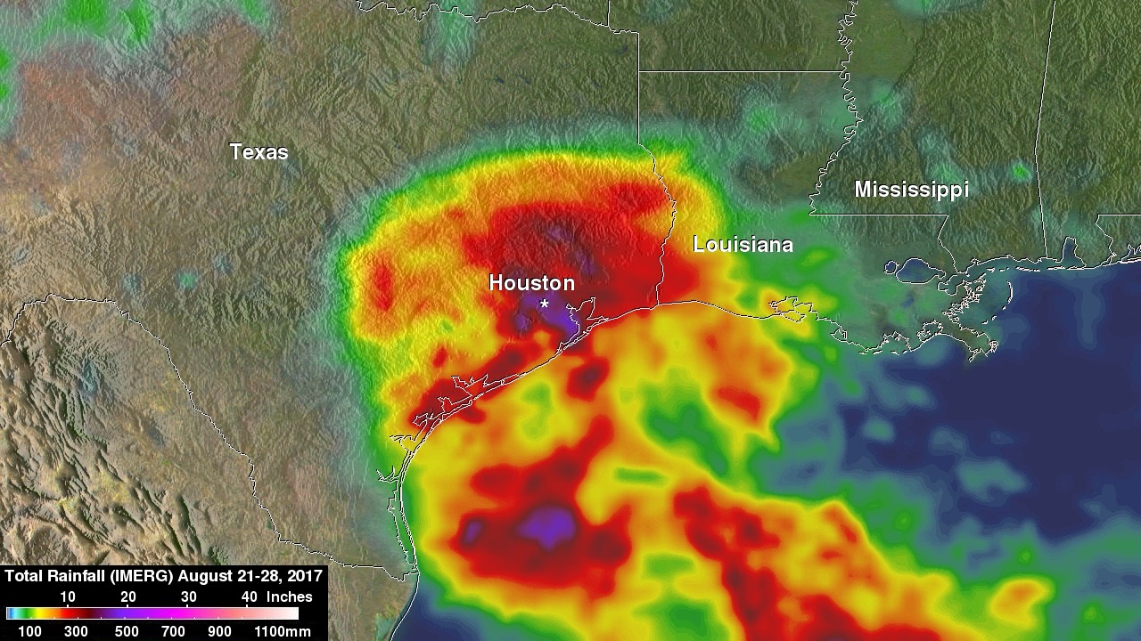 Precipitation levels from Harvey mapped over Houston and the surrounding areas in reds and oranges to indicate high precipitation.