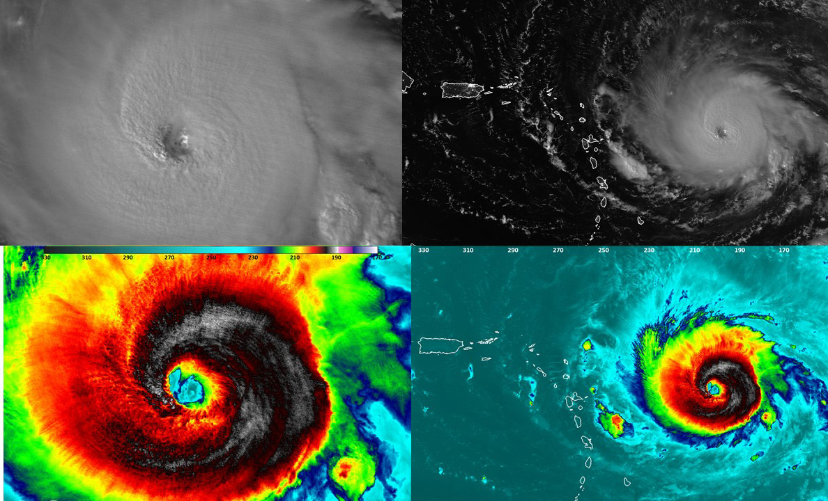 Collage of four satellite images of Irma. The top two are black and white nighttime images. 