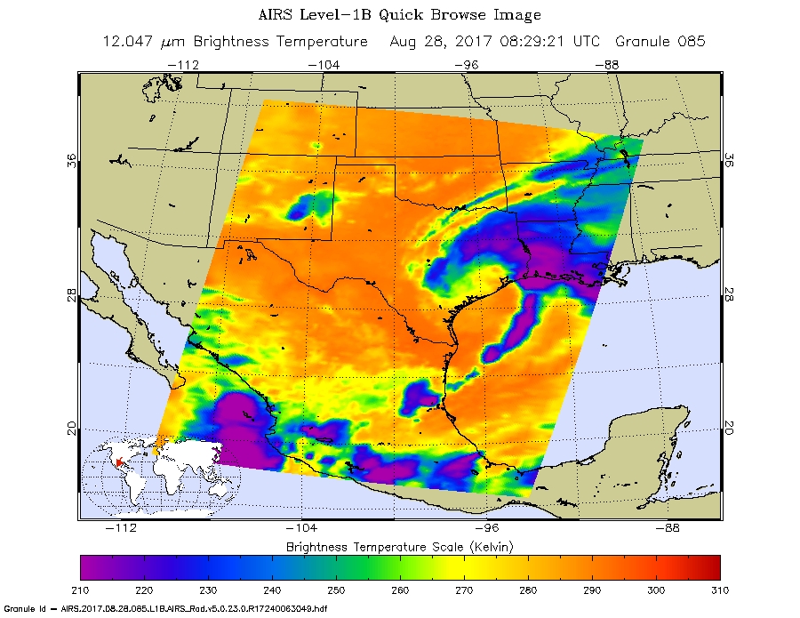 Satellite image of Harvey over eastern Texas and Louisiana with cloud temperatures in purples, blues, and greens.