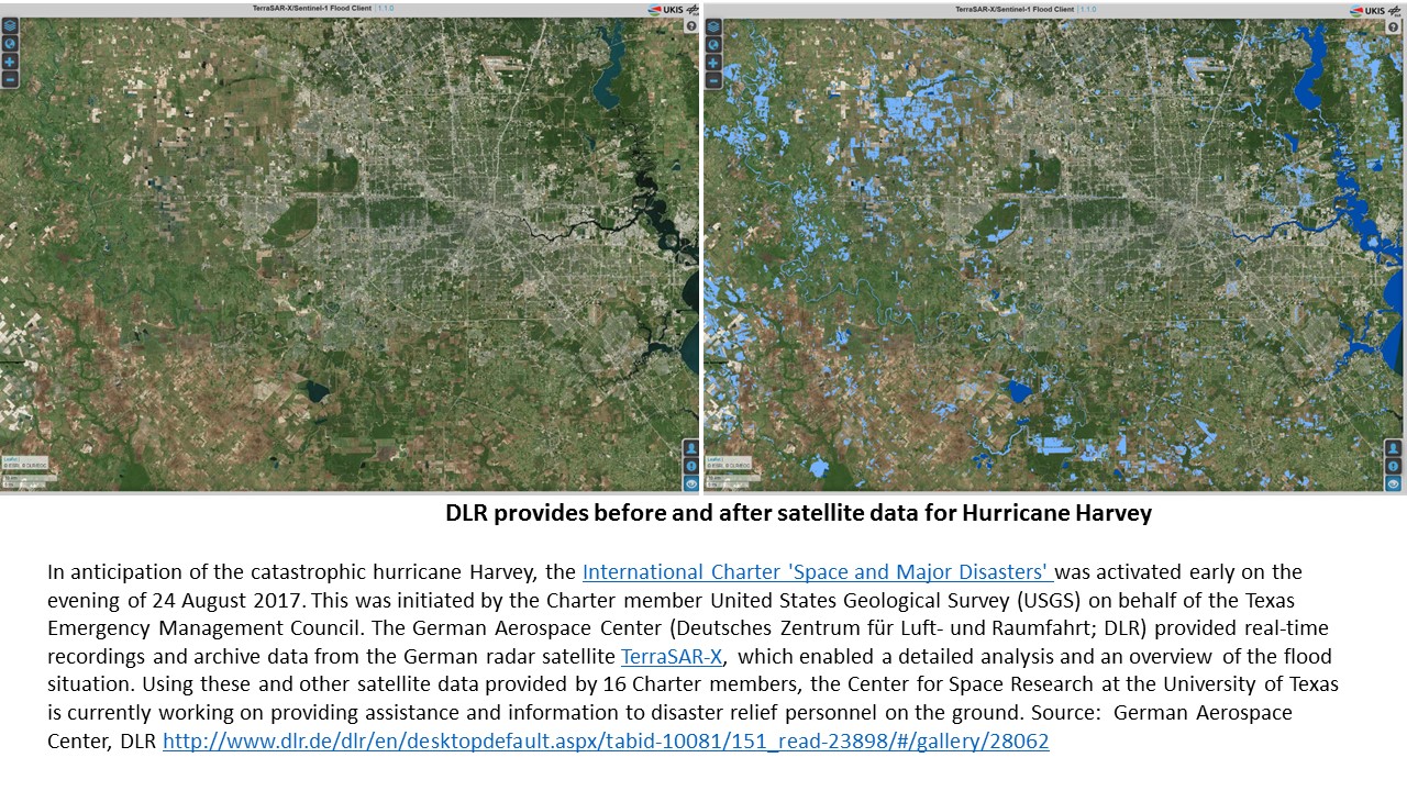 Radar images of Houston before and after Harvey. The after image has light blue pixels all over the place, indicating flooding.