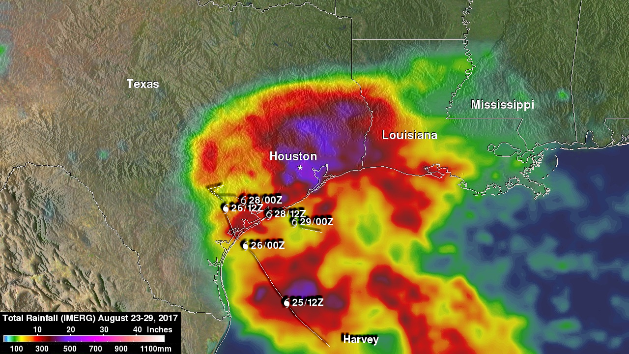 Image of Harvey rainfall with totals marked in purple, red, yellow, and green.