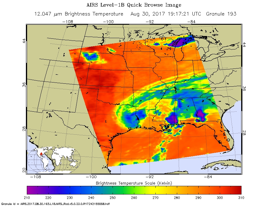 Satellite image of Harvey inland with cloud temperatures in purples, blues, and greens.