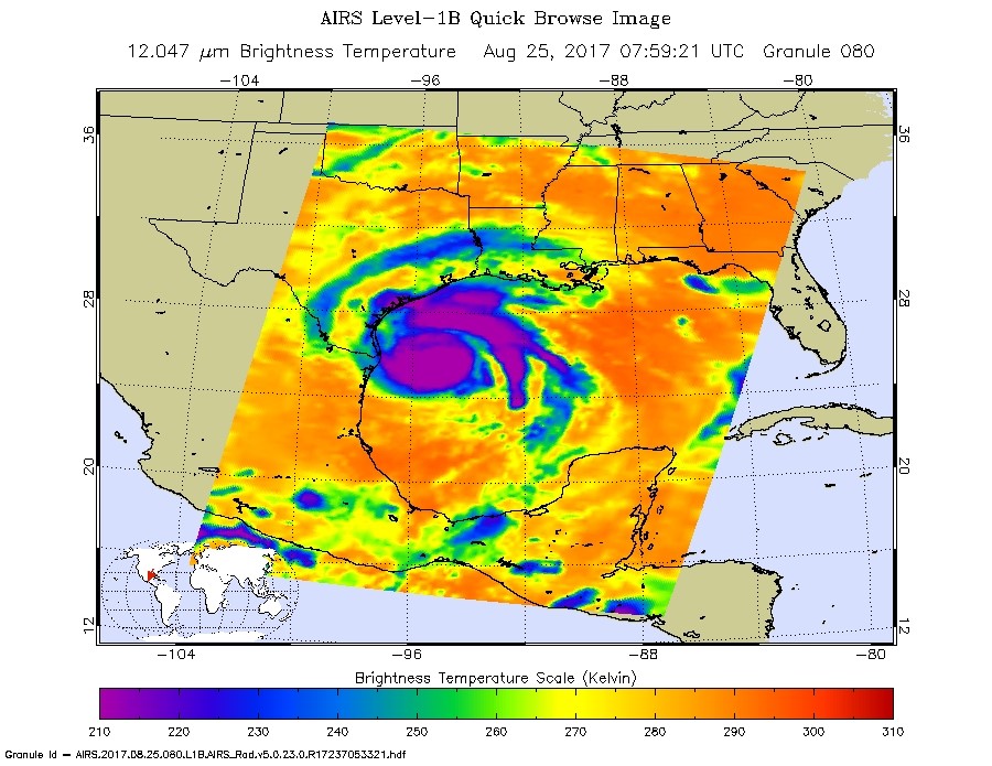 Satellite image of Harvey over Texas, with cloud temperatures in purples, blues, and greens.