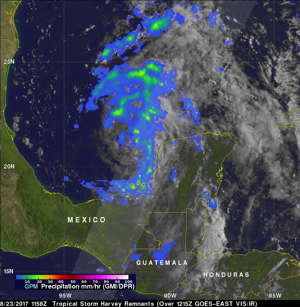 Satellite image of Harvey with precipitation rates in blues and greens.