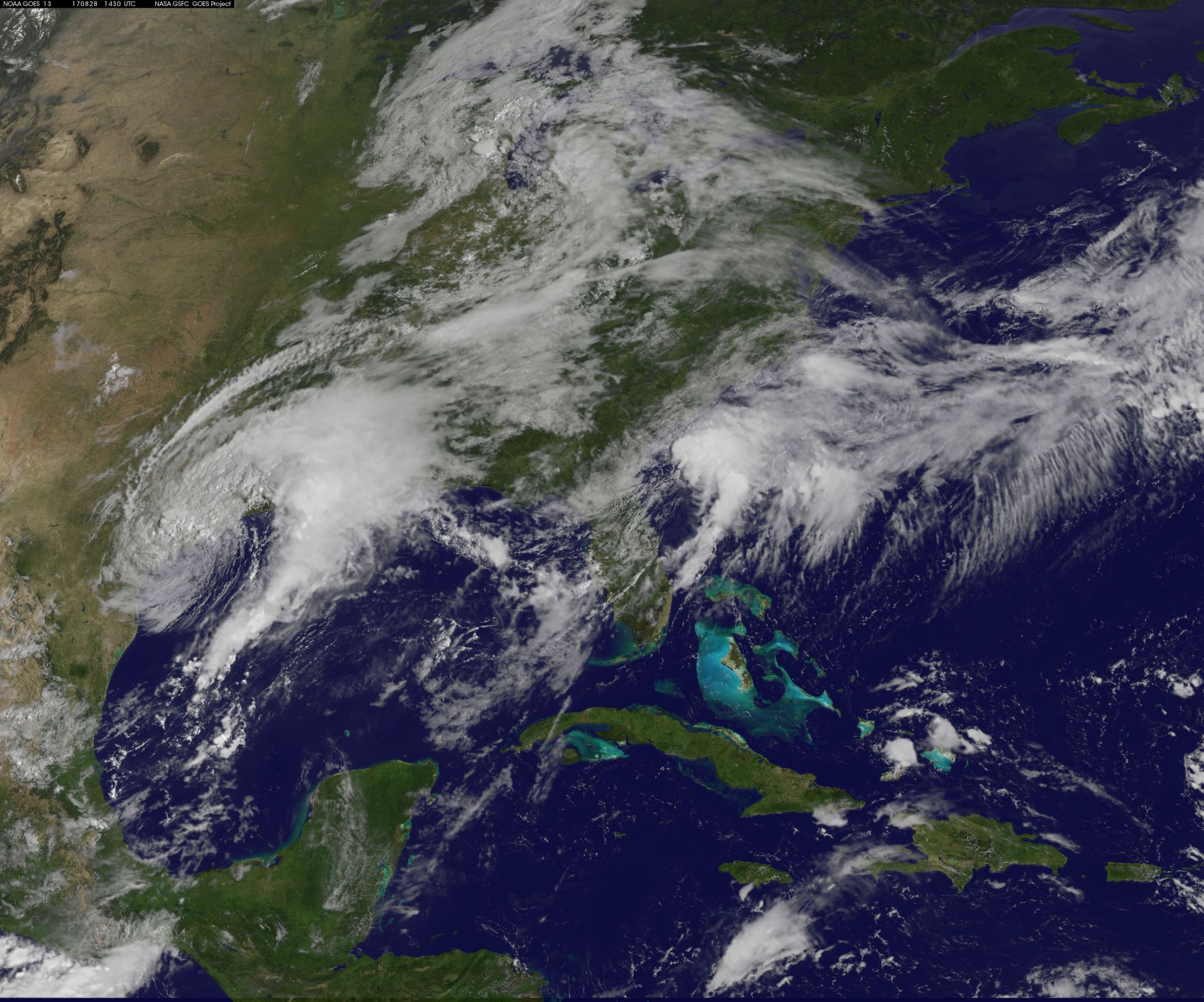 Satellite image of Harvey just along the Texas coast, moving into the Gulf of Mexico.