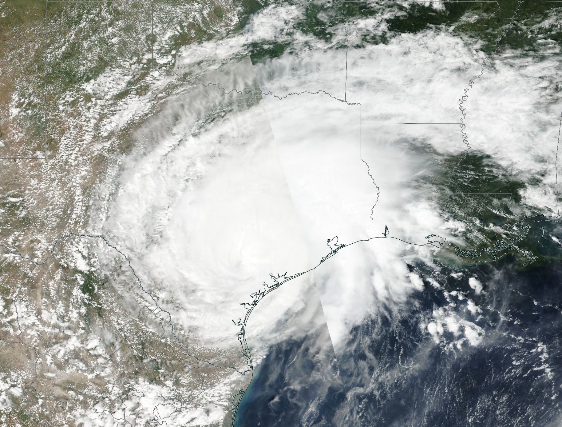 Satellite image of Harvey, a huge mass of clouds over eastern Texas.