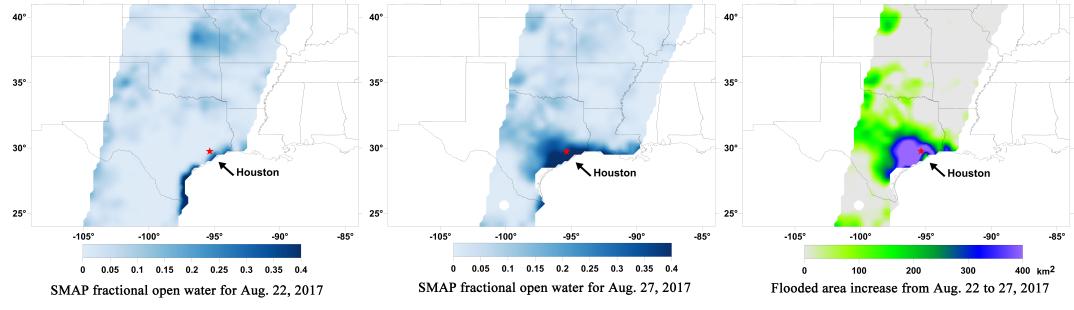 SMAP image of surface water over days after Harvey. The first image from Aug. 22, 2017 shows dark blue just on the coast. The second image from Aug. 27, 2017 shows much more dark blue flooding spreading inland from Houston. The third image shows flooded area increase from Aug. 22 to 27, which heavy color over Houston. 