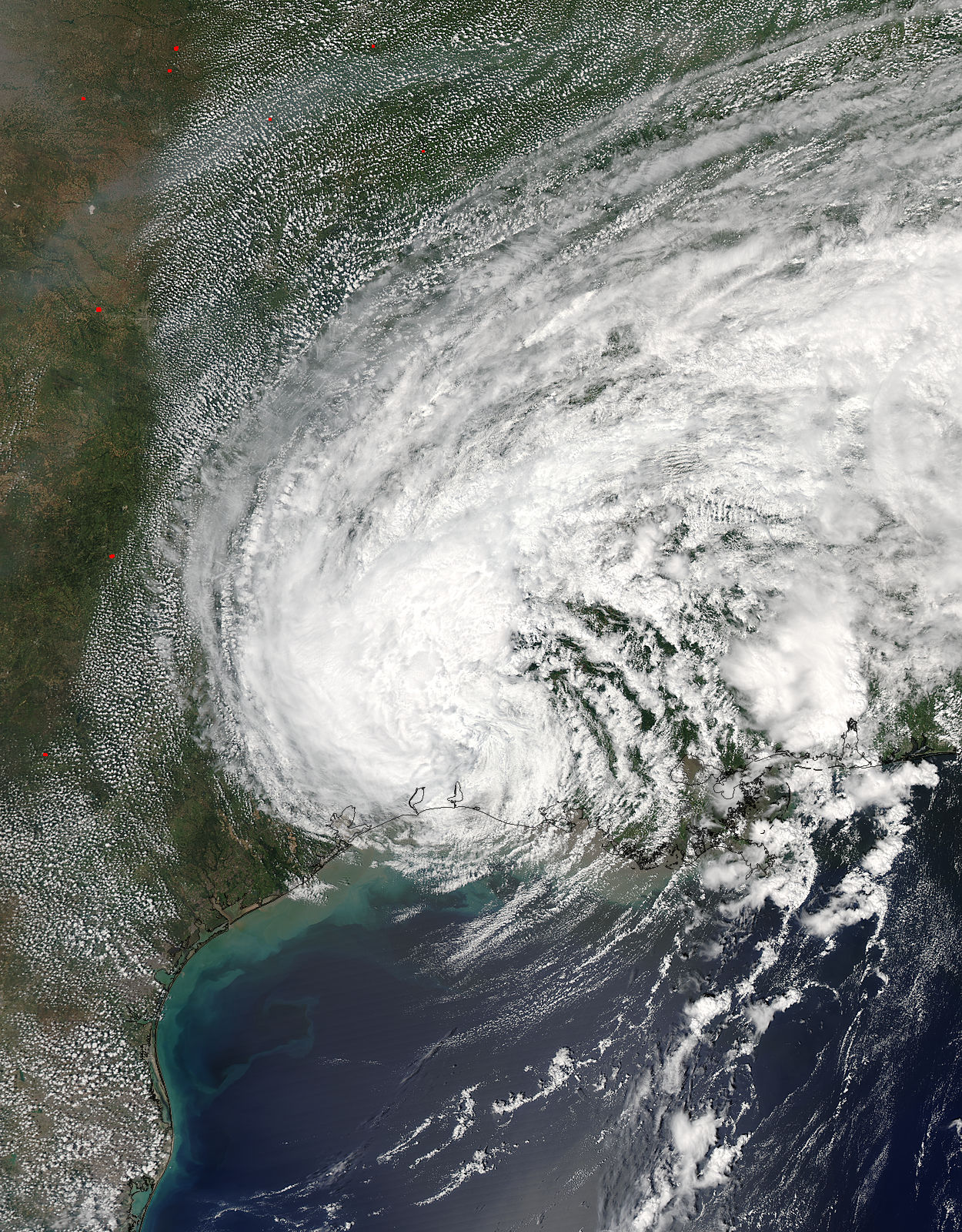 Satellite image of Harvey making landfall over the gulf coast of Texas. It's a swirling cloud over Houston.