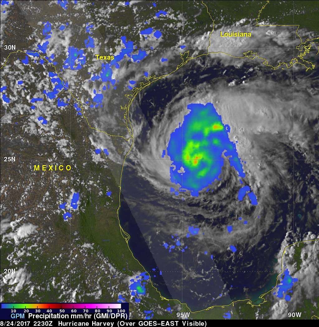 Satellite image of Harvey, with precipitation in greens and blues.
