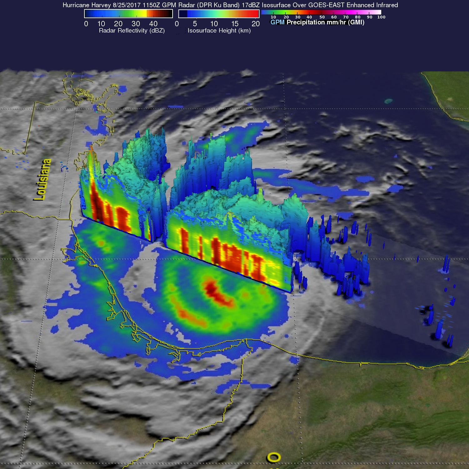 Satellite image of Harvey with clouds in 3D, colored to indicate rainfall rates.