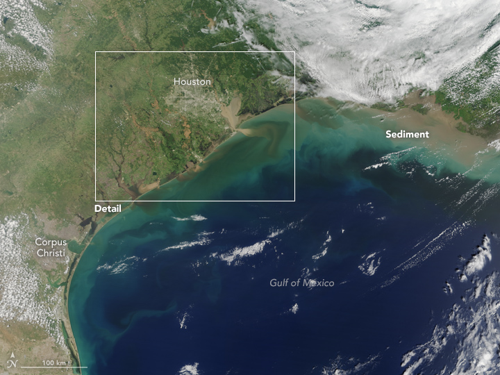 Satellite image of the Gulf of Mexico off the coast of Texas. Near the coast, the dark blue water turns turquoise with sediment. A white inset box around Houston is labeled Detail. 