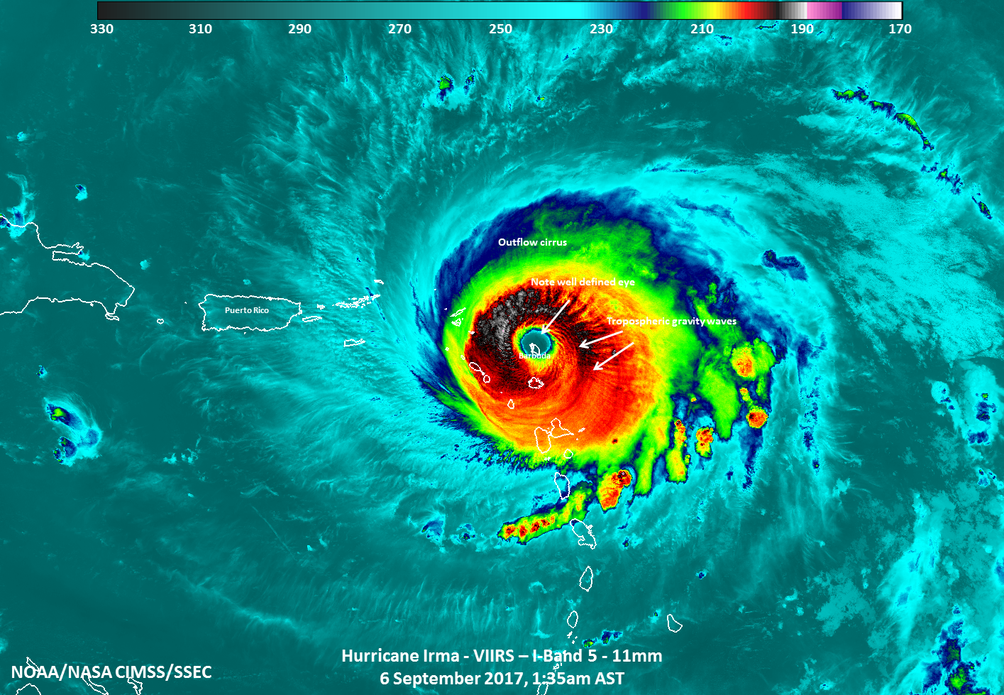 Satellite image of Irma over Barbuda. The sea is colored turquoise with a tie dye hurricane in the center.