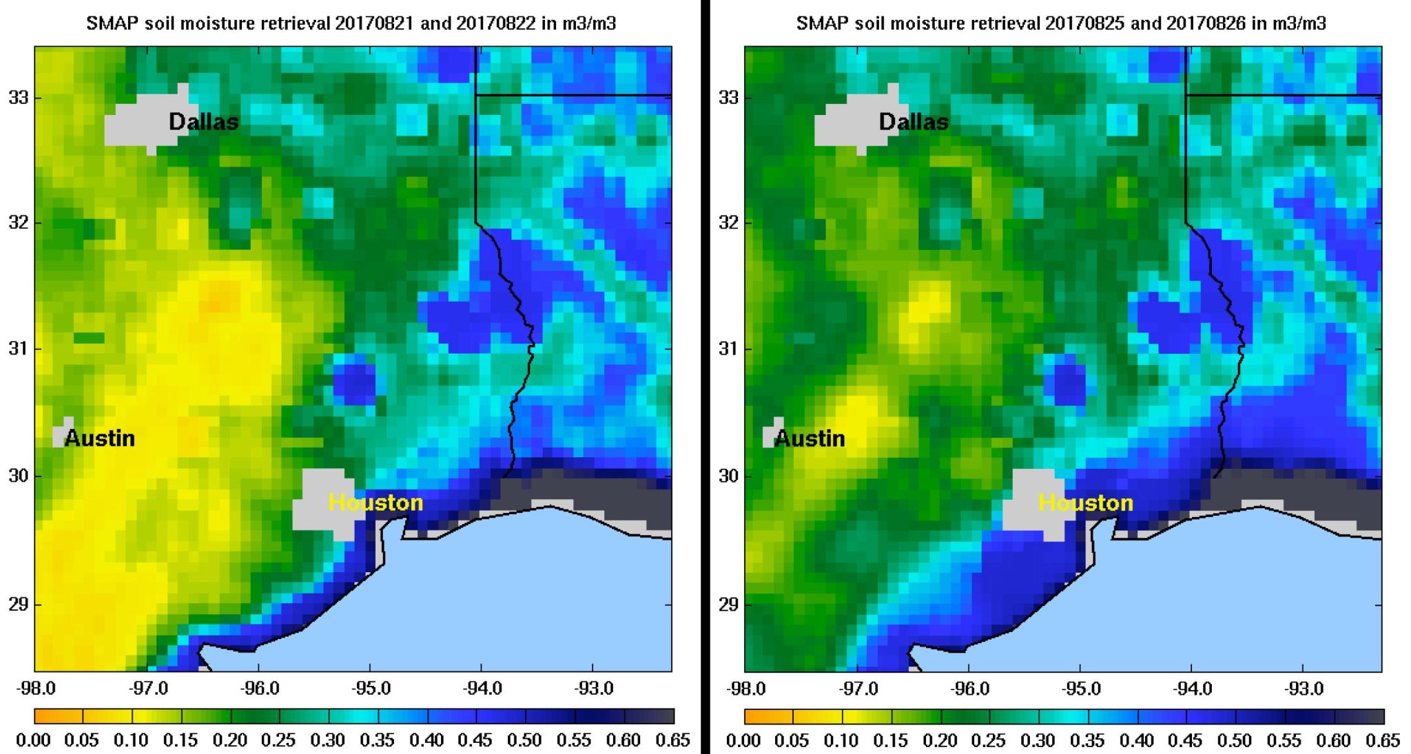 Two soil moisture observations southeastern Texas before and after Harvey. The first image from August 21 and 22 show blue, wet soil along the coast with yellow, less wet soil further inland. The second, from August 25 and 26, shows more dark blue heavy moisture along the coast and green, moderate moisture inland.