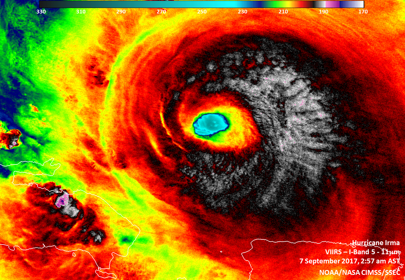 Infrared satellite image of Irma, which looks like a mutlicolored tie-dye.