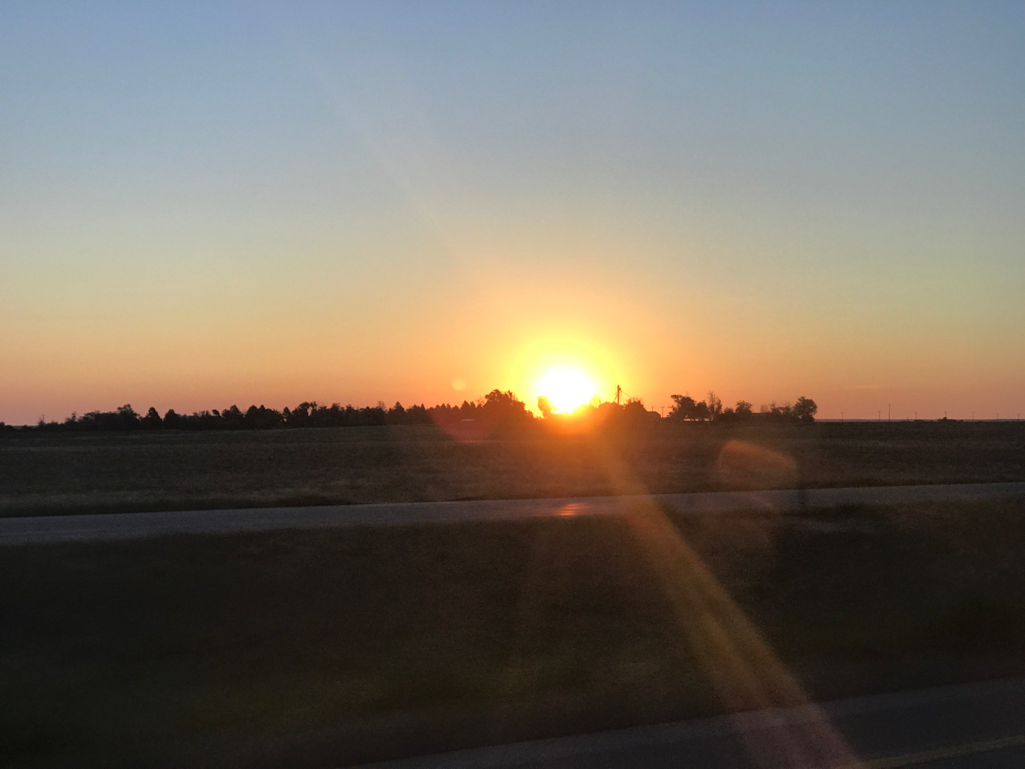 A sunrise seen over a field with a line of trees in the background. The Sun is bright white against a yellow, orange, and blue gradient sky.