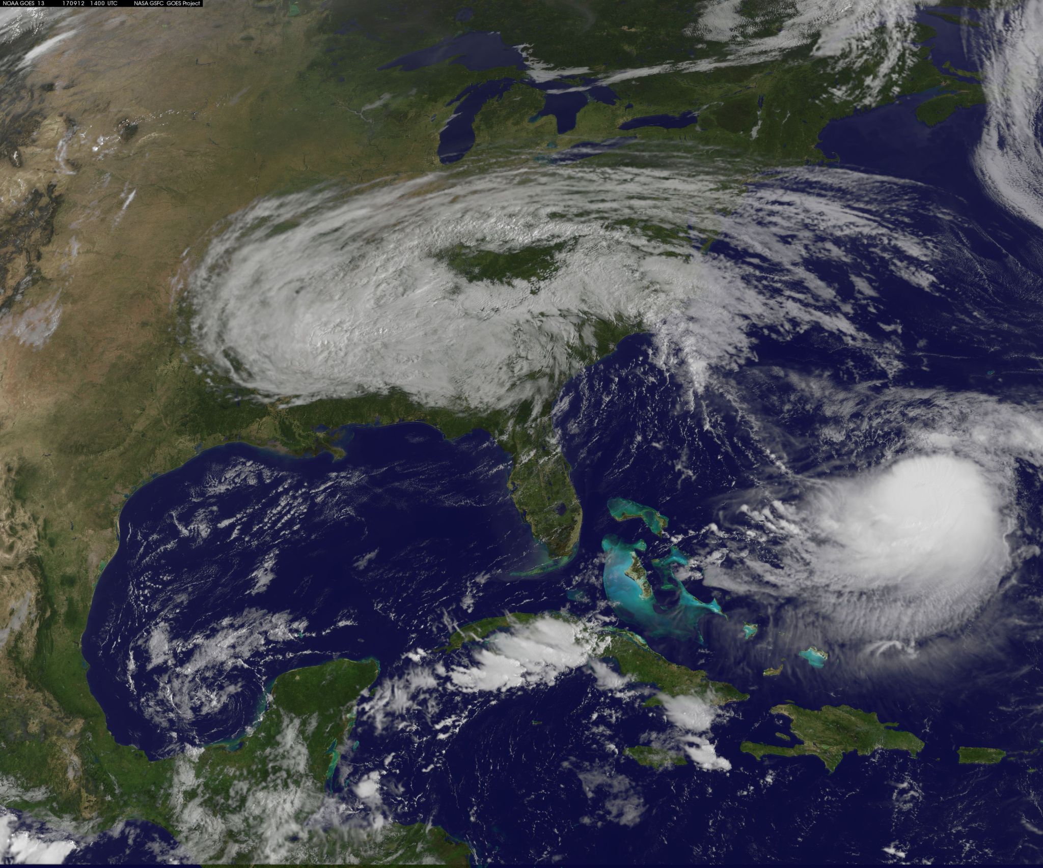 Satellite image of Irma, which looks like a long over the southeastern US.