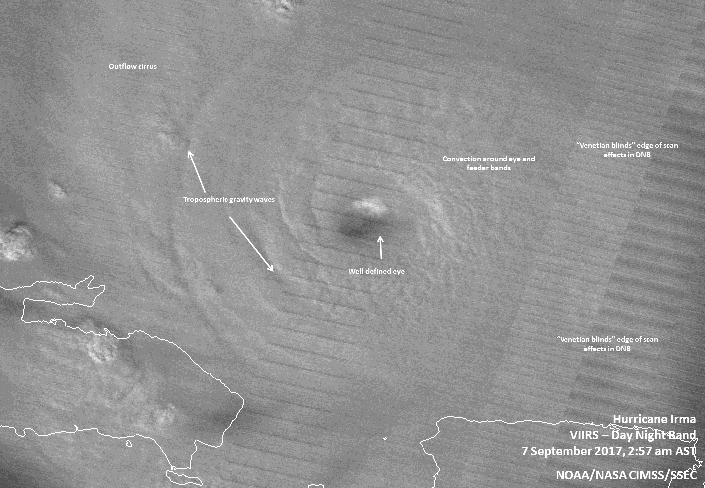 Nighttime satellite image of Irma in black and white. The storm clouds fill the entire screen, with arrows pointing to gravity waves and the well-defined eye.