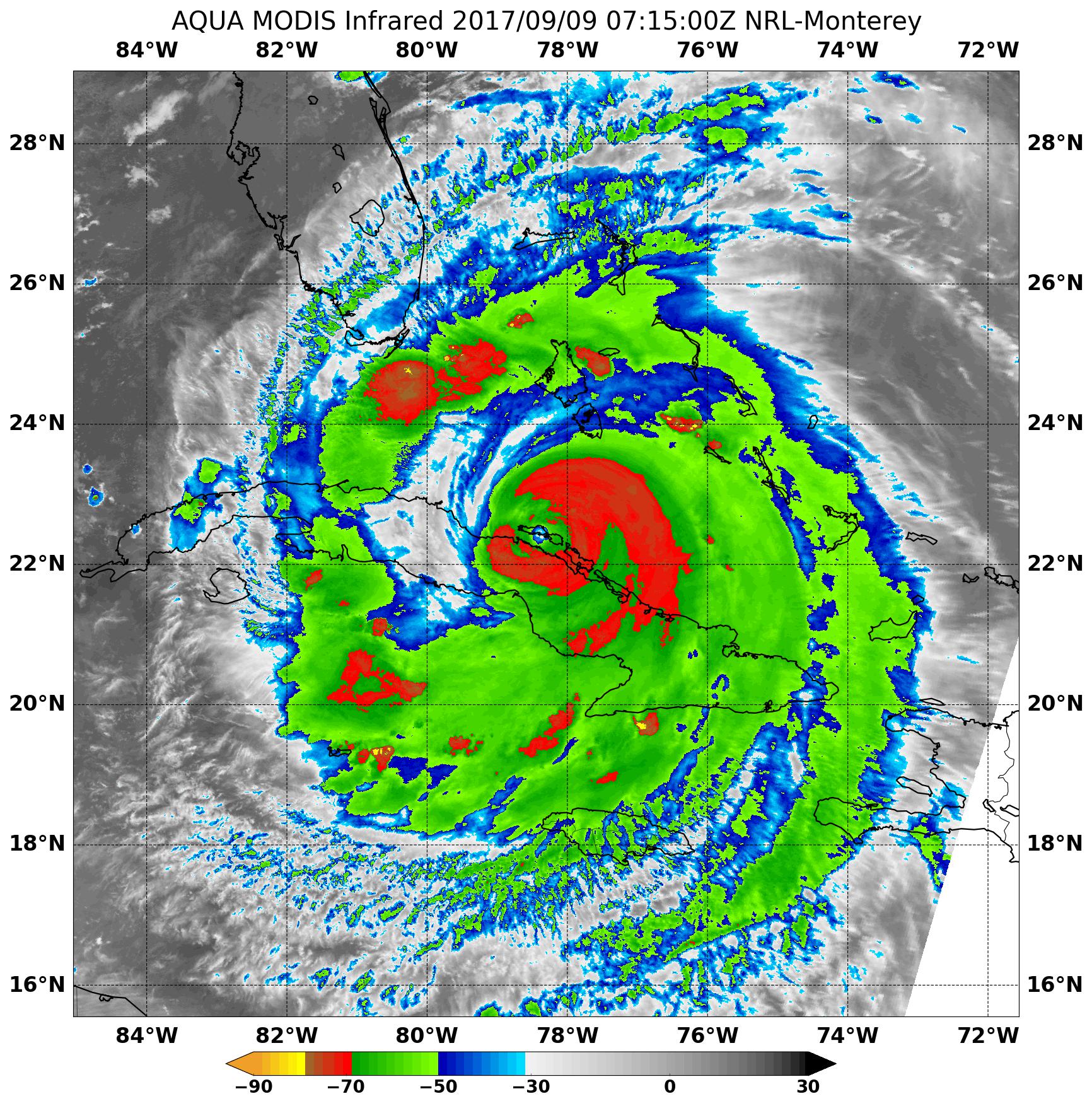 Satellite image of Irma with cloud temperatures in red, green, and blue.