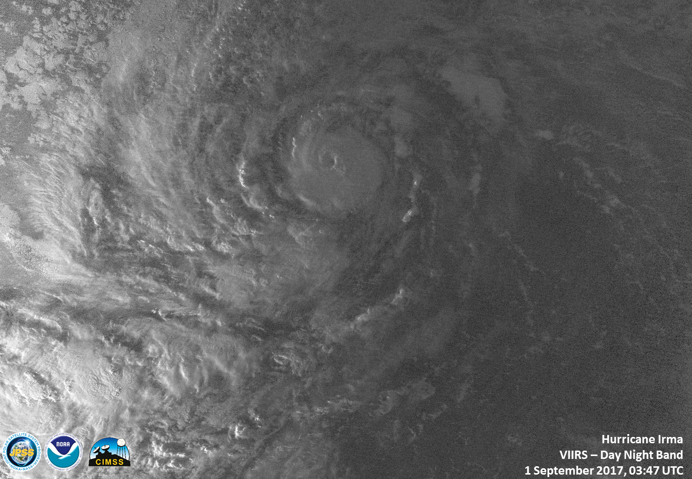 Nighttime infrared image of Irma in black and white. The clouds fill the entire image.