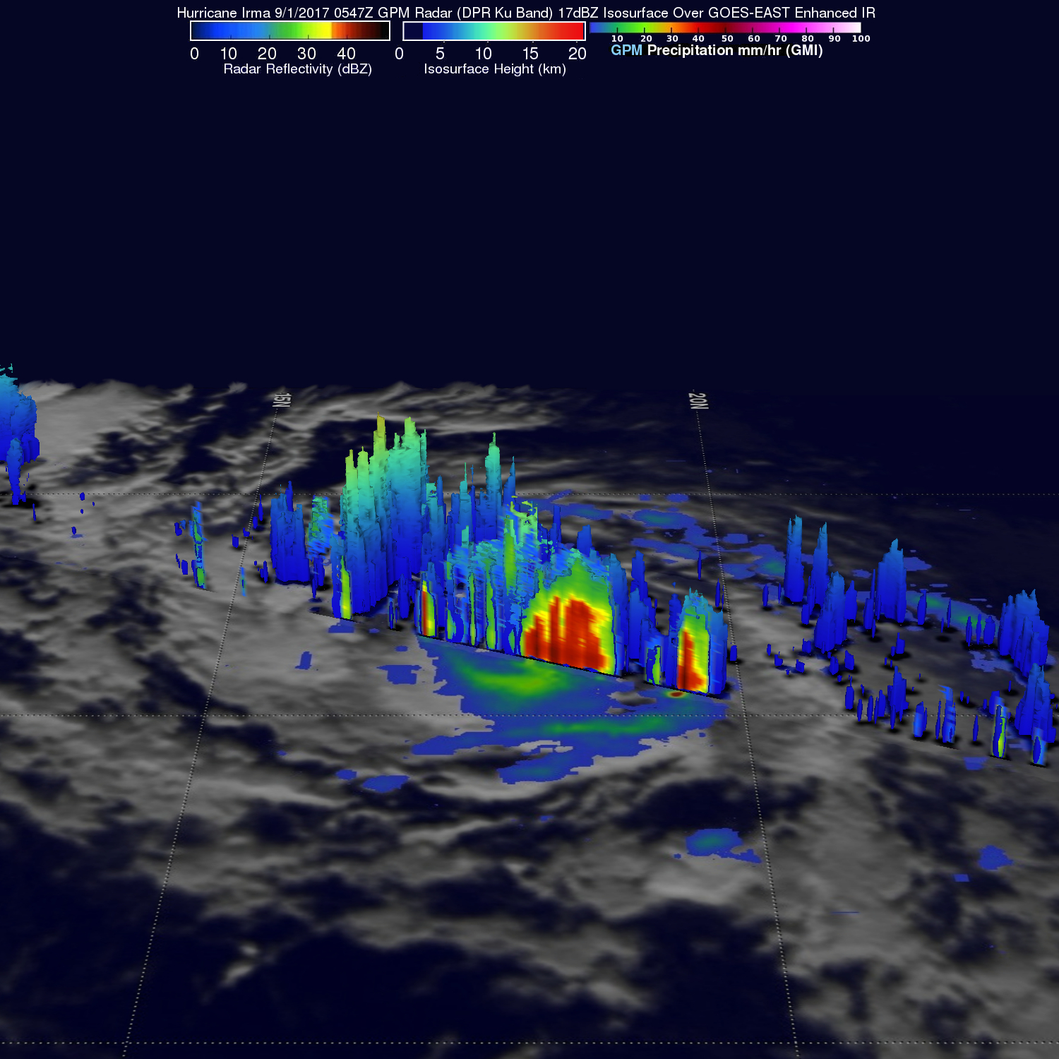 GPM image of Irma, with clouds in 3D and colored red, yellow, or blue to indicate temperature.