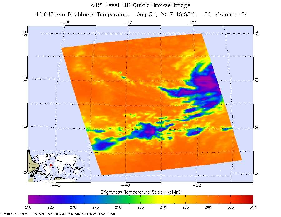 Satellite image of Irma with cloud temperatures in purples, blues, and greens.