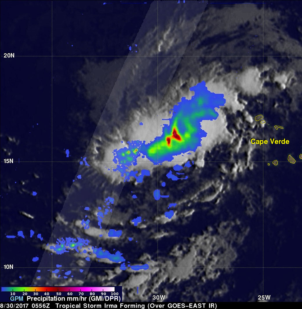Satellite image of Irma with cloud temperatures in red, greens, and blue.