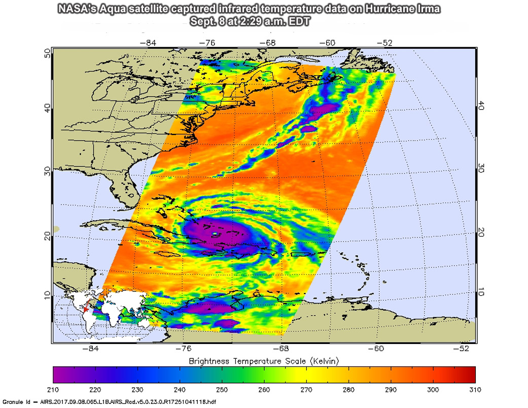 Satellite image of Irma over the Gulf of Mexico with cloud temperatures in purples, blues, greens, and yellows.
