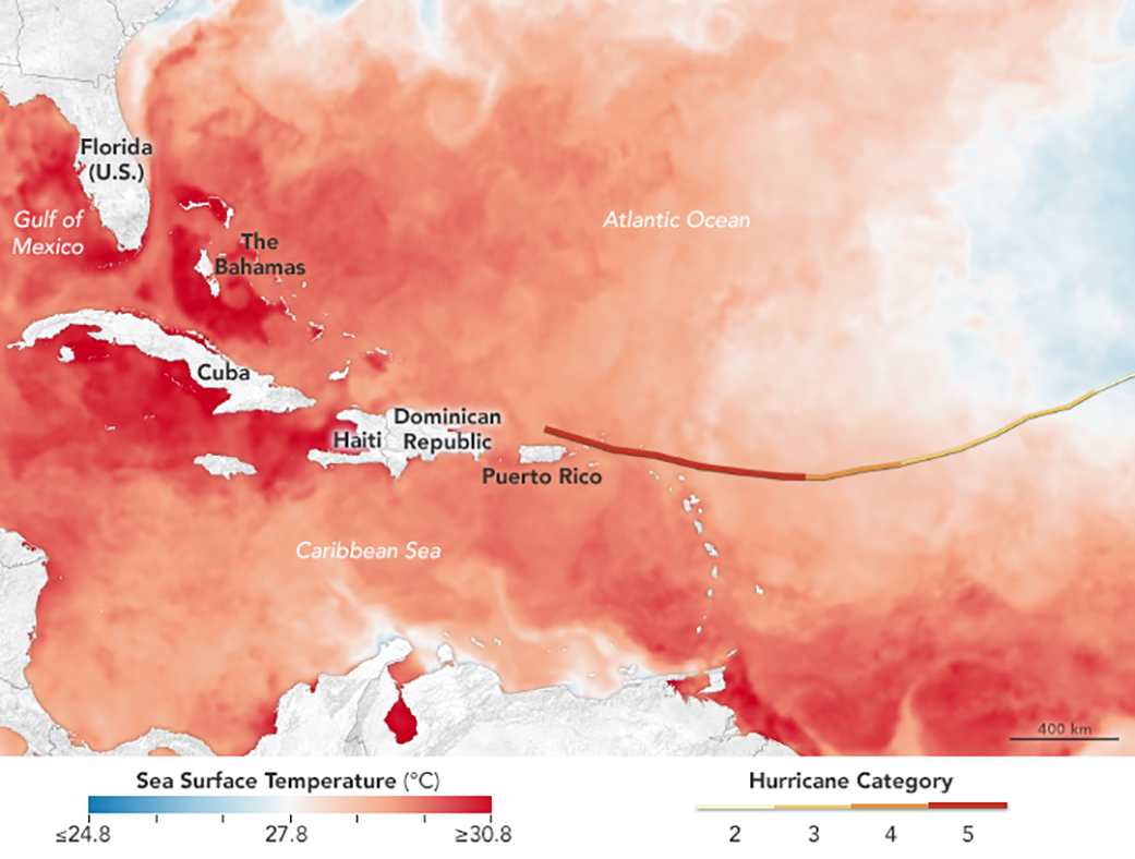 Irma encountering warm waters on its journey. The sea temperatures are indicated in pinks and reds, with the storm track in a line across the Atlantic.