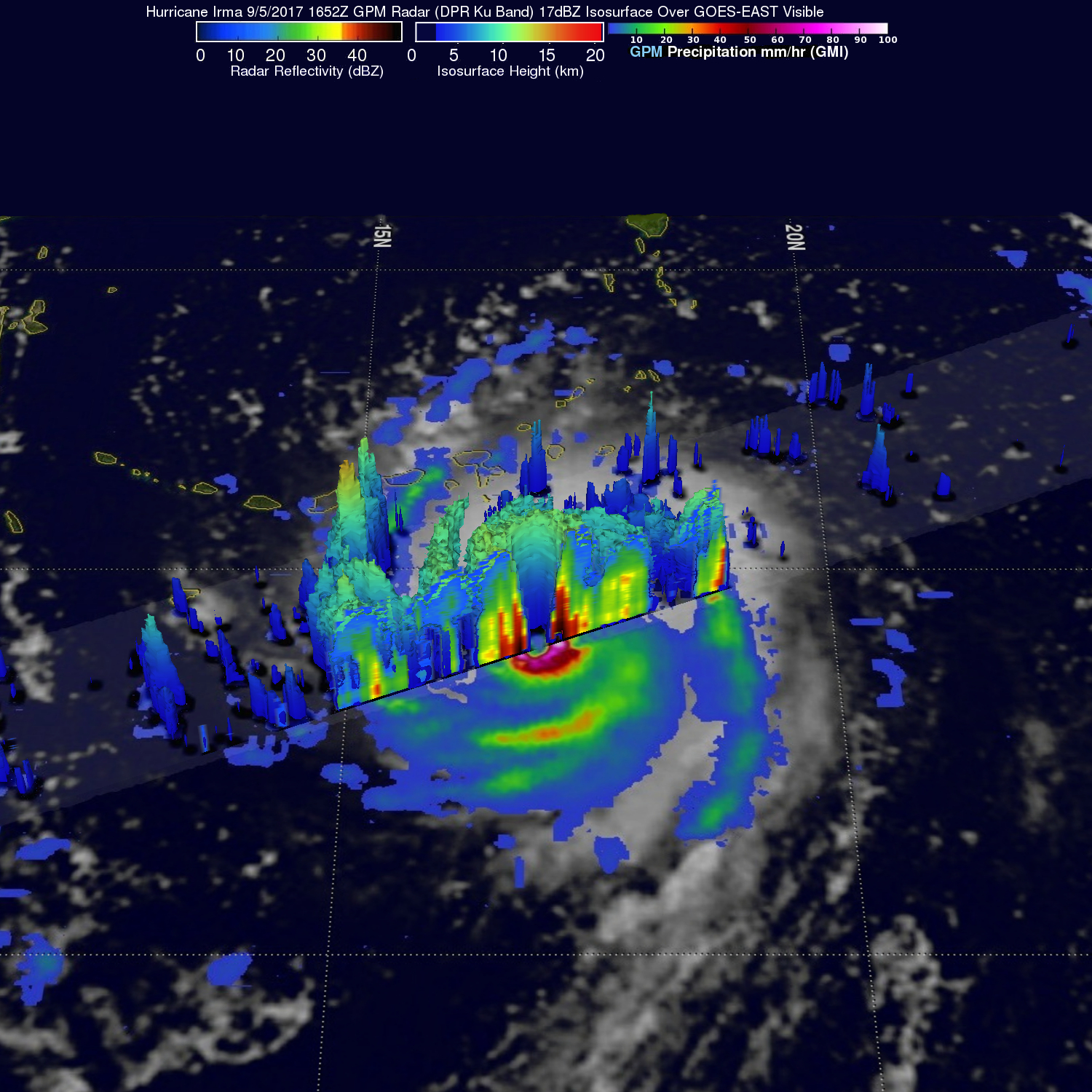 GPM image of Irma, with clouds in 3D colors.