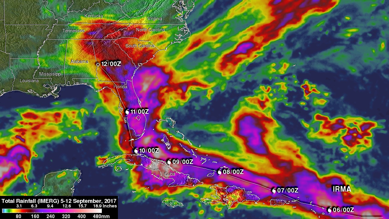 IMERG image of Irma, with rainfall totals indicated in purples, reds, oranges, and yellows.
