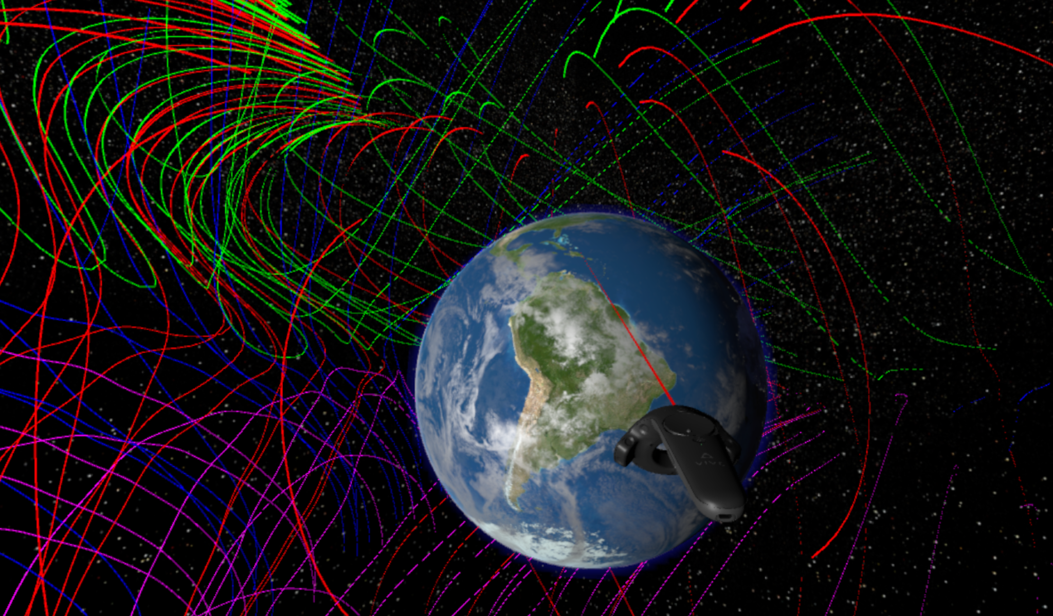 Virtual reality screen with model of Earth showing South American and many colorized curved lines showing magnetic connections in Earth's magnetosphere