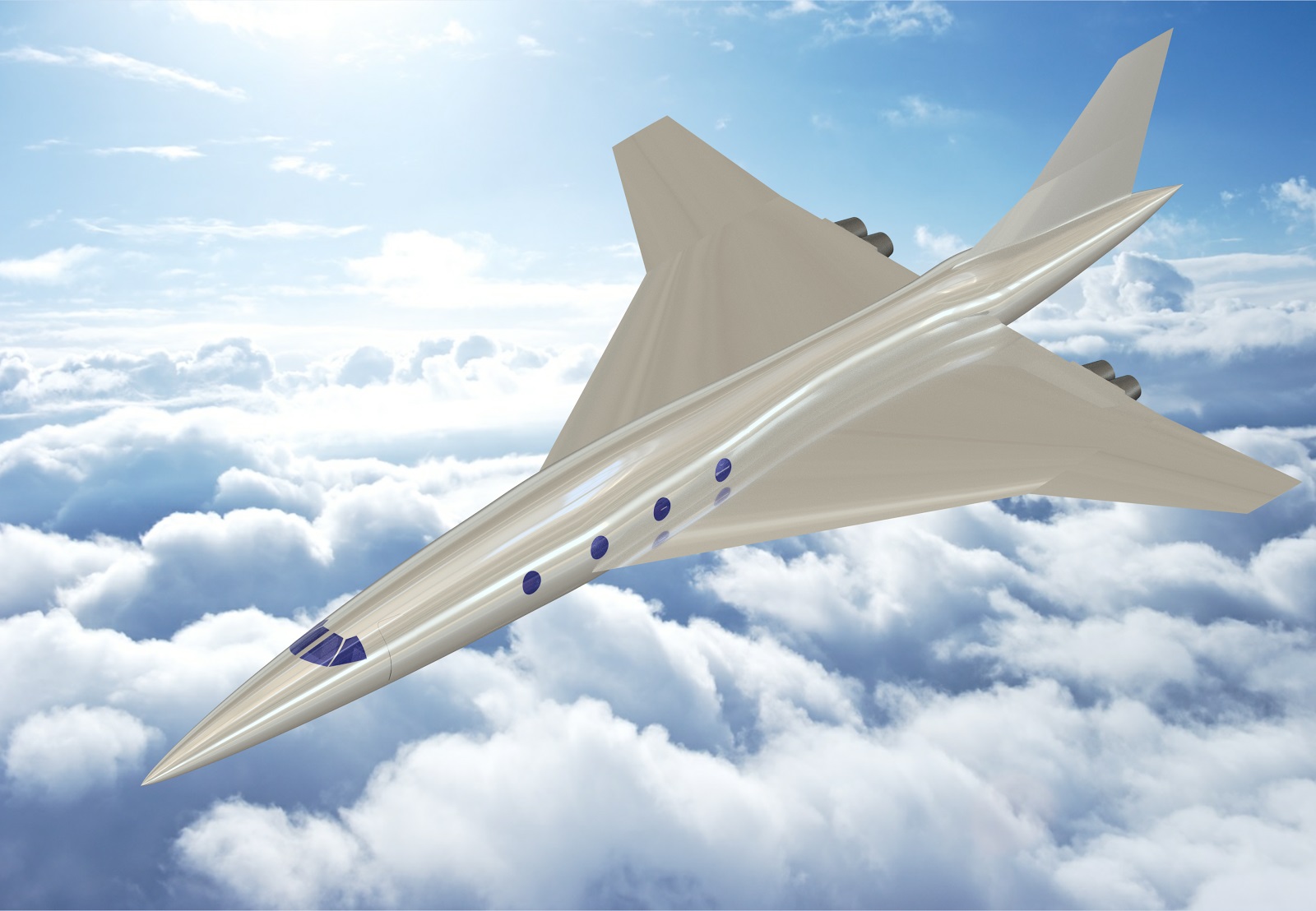Artist illustration of the Nimbus aircraft in flight above the clouds.